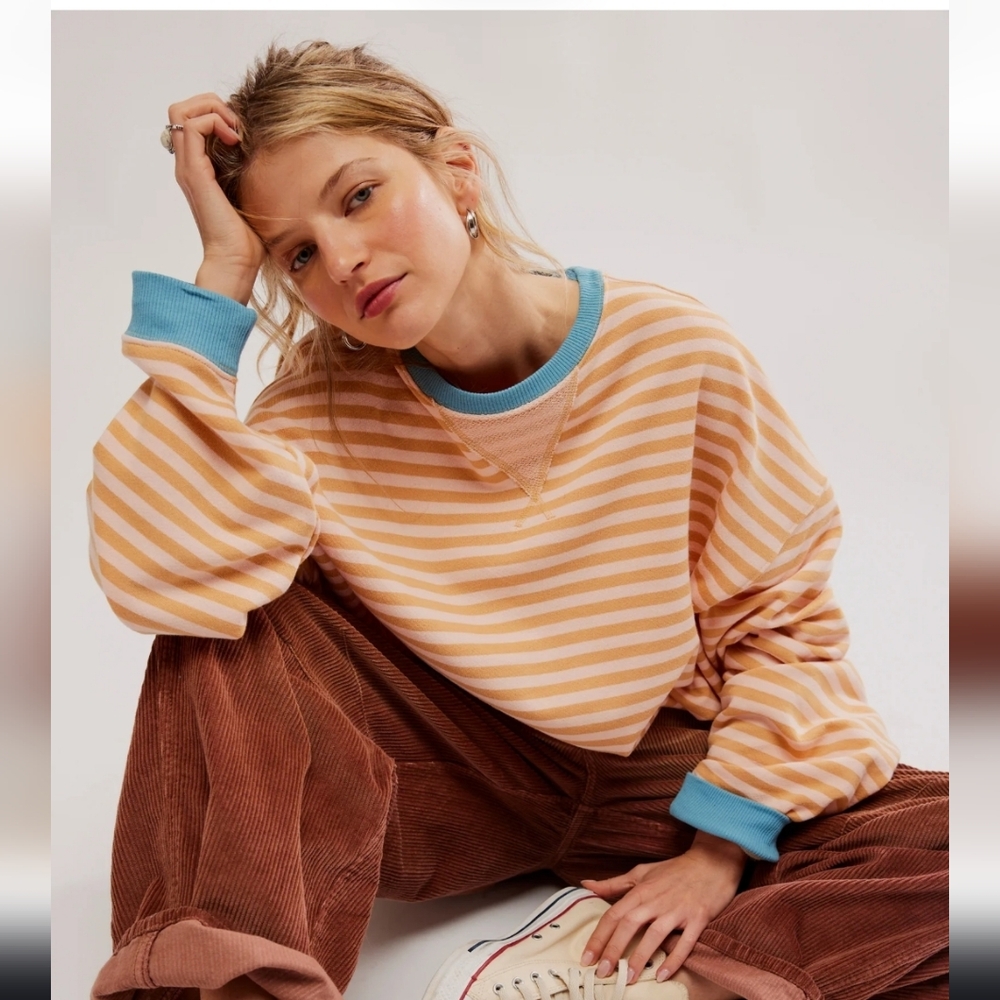 NWT Free People Classic Striped French Terry Oversized Crewneck Sweatshirt Small